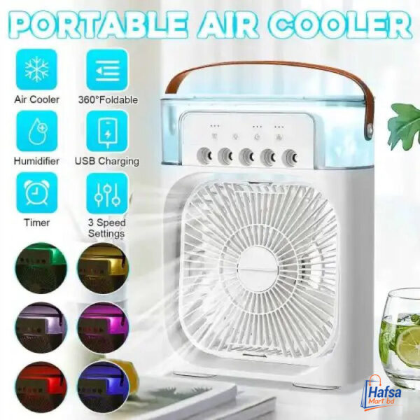 Air Cooler Fan 3 in 1 Mini Portable Fan Humidifier with 7 Colors LED Light Air Cooler 600ml Water Tank Air Cooling Fan