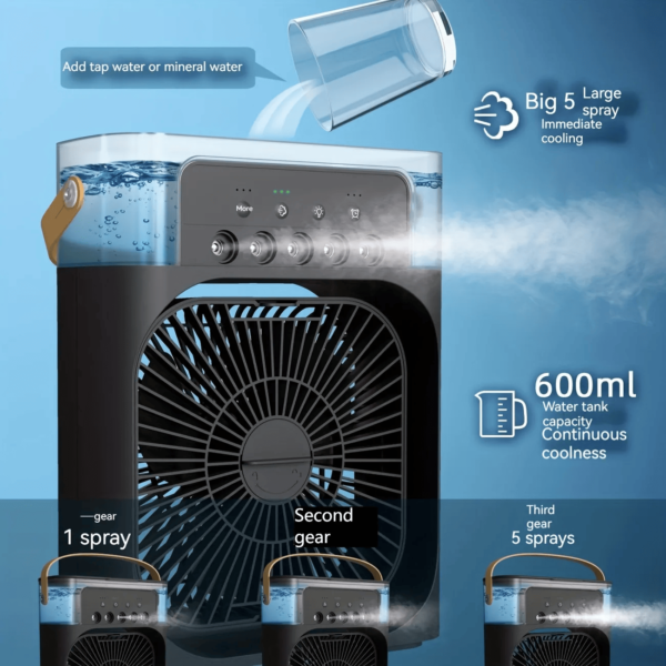 Air Cooler Fan 3 in 1 Mini Portable Fan Humidifier with 7 Colors LED Light Air Cooler 600ml Water Tank Air Cooling Fan - Image 2